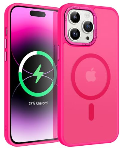 GUAGUA Coque pour iPhone 14 Pro Compatible avec MagSafe Protection Antichoc Qualité Militaire Dos Anti Rayures Étui Housse Arrière Translucide Givrée Anti-Empreintes Digitales,6.1'' (Rose Vif)