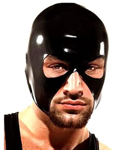 WBAODAN Schwarze Latex-Maske mit Kapuze und Reißverschluss für Rollenspiele, Party-Kostüme, kann Augen, Mund und Nase zeigen (Größe: XL - 70 cm)
