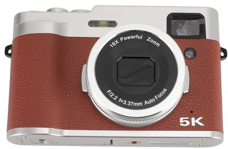 Compact Digital Camera, 5K HD Camera, 48MP Front Rear Lens 16X Zoom Vlogging Video Camera, Anti Shake Auto Focus Retro Travel Camera with Viewfinder,2 Batteries,32GB Card (Brown)