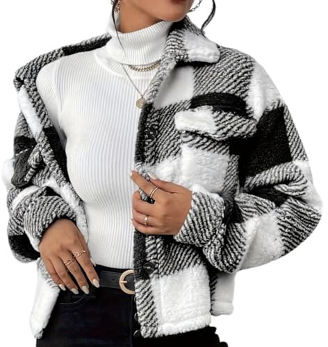 LinZong 2024 Plaid Pattern Button Front Jacket,Winter Long Sleeve Lapel Casual Flannel Shirt Coats,Women Fall Short Overcoat