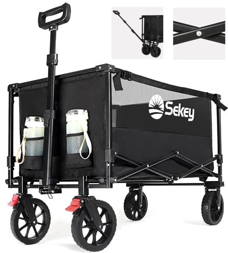 Sekey Folding Festival Trolley with Brake, 330LB Capacity Heavy Duty Beach Cart, Breathable & Quick-Dry, 200L Camping Wagon on All-Terrain Wheels, Adjustable Handle, Drink Holders, Black