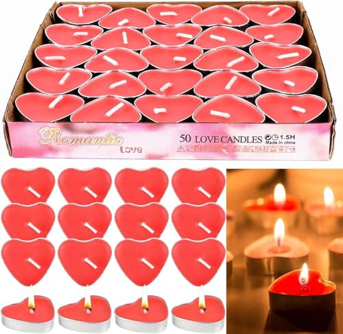 Flycppo Bougies Sans Odeur,50 Pièces Bougies Chauffe Plat Coeur Decoration Saint Valentin pour Anniversaire,Mariage,Fête,Saint-Valentin (Rouge)