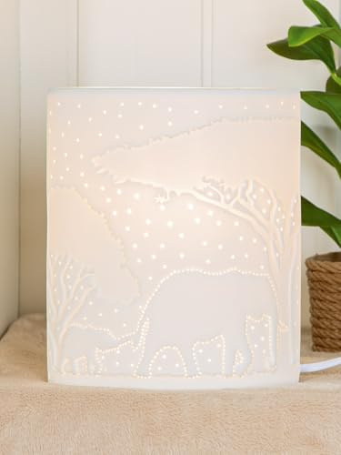GILDE Tischleuchte Porzellan Lampe weiß oval Höhe 20 cm Motiv Baum Elefant - Tischlampe Nachttischlampe Dekoleuchte Beleuchtung