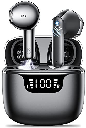 Wireless Earbuds Bluetooth 5.3 Headphones in Ear with 4 ENC Noise Cancelling Mics Ear buds HiFi Stereo Deep Bass Dual LED Display Bluetooth Earphones 42H Playtime Mini Case IP7 Waterproof USB-C Black