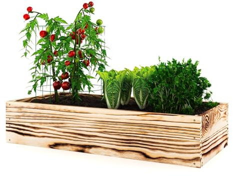 Lermowoood Hochbeet aus Holz 120x40x20 cm Geflammt – Pflanzkasten für Gemüse & Kräuter – mit Agrovließ – steckbar & stapelbar- Aussenbereich ideal für Garten, Balkon & Terrasse