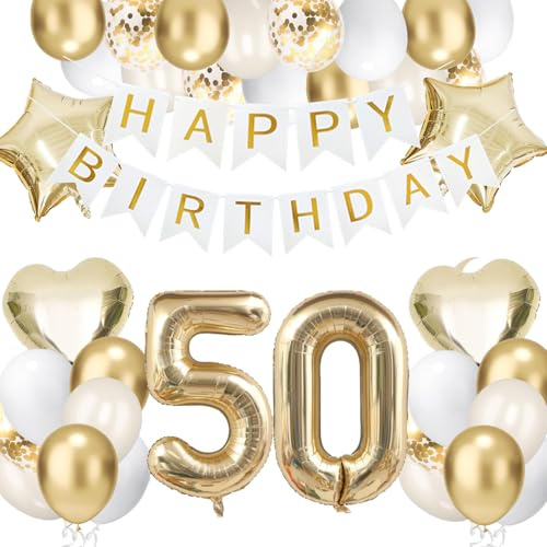 50 Geburtstagsdeko Gold, Folienballon 50 Happy Birthday Banner Hellgold Stern Herz Luftballons Sandweiß Gold Geburtstag Deko Konfetti Balloons fü Jahre Männer Frauen