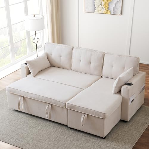 Wyibwy Sofá de 3 plazas con función de Cama Extensible,Sofá rinconera en L con portavasos y Compartimentos portaobjetos,Sofá Modular con Chaise Longue,Sofás modulares de 3 plazas,Algodón y Lino,Beige