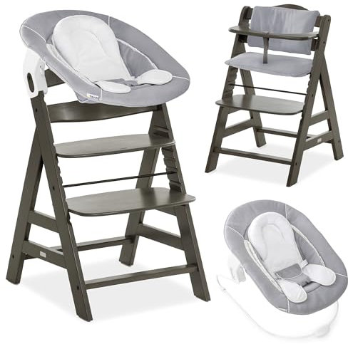 hauck Hochstuhl Alpha+ Newborn Set mit 2in1 Bouncer - Mitwachsender Holz Babyhochstuhl ab Geburt, inkl. Sitzauflage & Neugeborenenaufsatz - Charcoal