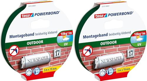 tesa Powerbond Outdoor - Doppelseitiges Montageband für den Außenbereich - Wasserfestes, starkes, UV-beständiges Klebeband (2er Pack, 5m:19mm)