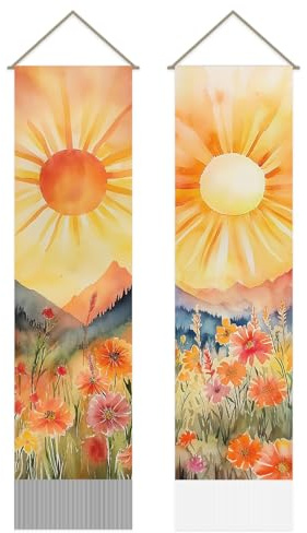 SUPERDANT Boho Sonnen Wandbehang Abstrakter Wandbehang Wasserfarben Sonnenaufgang Wandkunst 2 Lange Wandbehänge Mit Fransen Für Wohnzimmer Schlafzimmer Deko 130x33 cm