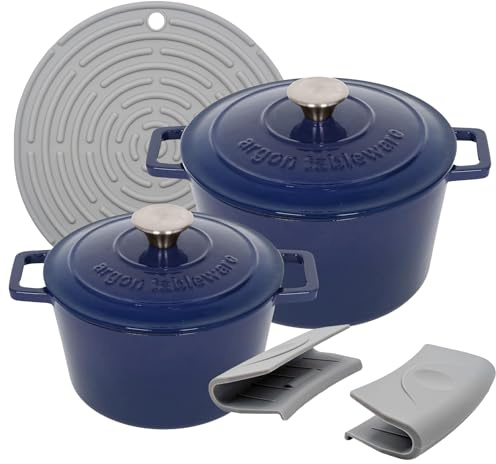 Argon Tableware Round Cast Iron Casserole Dish Set with Self-Basting Lid - 2.8L / 4.5L - Midnight Blue - 2 Piece Induction Hob Cooking Dutch Oven Bread Baking Serving Roasting Stew Stock Pot Cookware