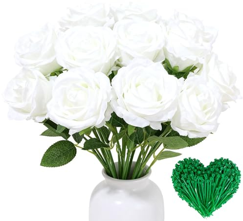 ZenyTra 10 Stück Künstliche Weiße Rosen, 5 Büschel mit 50cm Langen Stielen & 10 Bindfäden, Seidenblumen Hochrealistisch für Hochzeitsdekoration, Brautstrauß, Wohnzimmer, Garten, Party Deko
