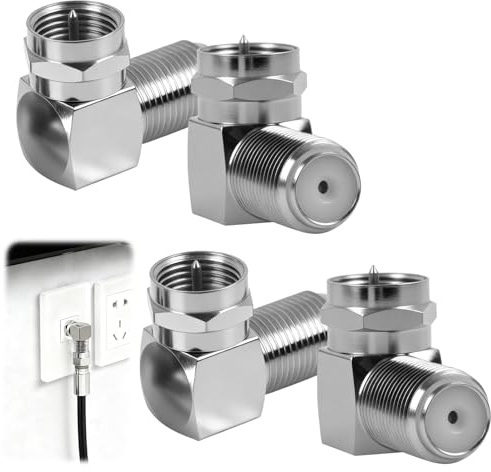 4 Stück SAT Winkeladapter 90 Grad, Koaxial Winkeladapter F-Stecker auf F Buchse 90°, Antennenstecker für SAT TV Receiver Antennenkabel, Koax Anschluss Kupplung für Wandmontage und Enge Räume (Silber)
