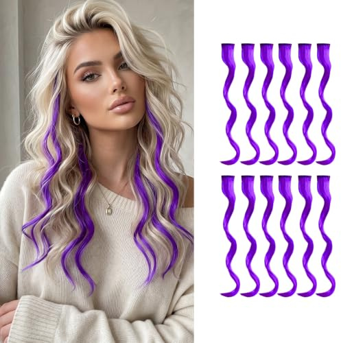 12 Extensiones de Cabello con Clip para Mujeres y Niñas, Pelo Sintético Liso, Morado, para Fiestas, Bodas, Cosplay y Peinados Temáticos