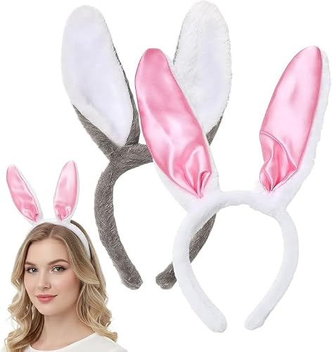 2 Stück Hasenohren Haarreif, Halloween Accessoires in Pink und Grau | Bunny Ears Zubehör für Halloween Karneval Fasching Motto Party , Hasenohren Kostüm, Cosplay, Tier-Themen Partys