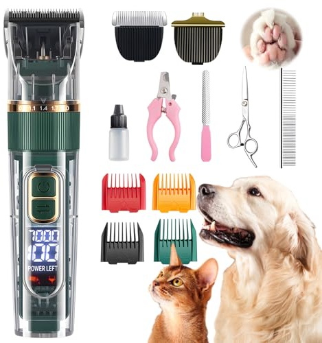 Hundefurclipper, Professionelles Haustierpflegeset, Katzenclipper für langes Fell, mit LED-Display und 4 Begrenzungskämmen, 3-stufige Geschwindigkeitsregelung, IPX7 wasserdicht, Einfache Reinigung