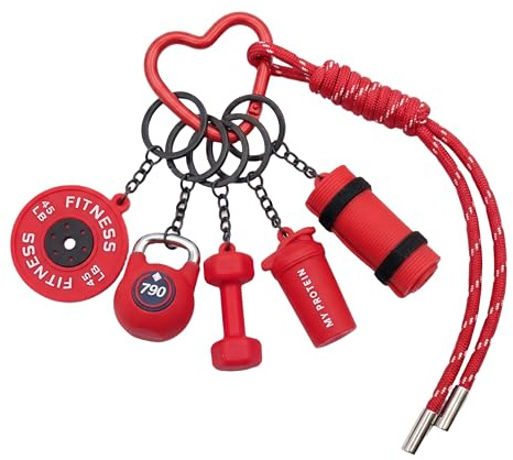 Wailike Fitness Schlüsselanhänger Damen Herren - Motivierender Sport Anhänger mit Hantel, Kettlebell & Yoga-Matte - Kraftsport Zubehör für Gym Bag, Rucksack & Sporttasche Red