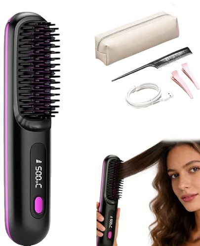 Brosse lissante chauffante cheveux court, Giovencia brosse lissante portable - gobrush pro, Sans Fil Anti-BrûLure Avec éCran Led Rechargeable Pour Tous Les Types De Cheveux (Noir)