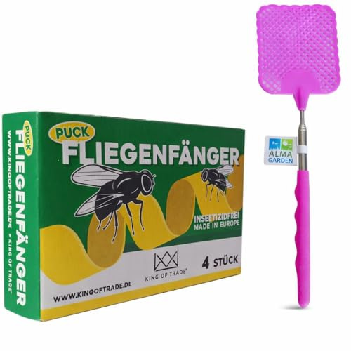 King of Trade 1 Packung Puck Fliegenfänger + 1 Alma Garden Fliegenklatsche Teleskop 25-55 cm Pink