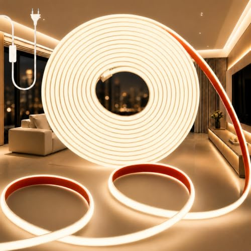 PERVADEO 230V COB LED Streifen LED Strip Wasserdicht IP65 Selbstklebend Leiste Aussen Schlauch Lichtleiste Band 320LEDS/M Outdoor Lichterschlauch mit Netzteil für Innen Außen Warmweiß 2M