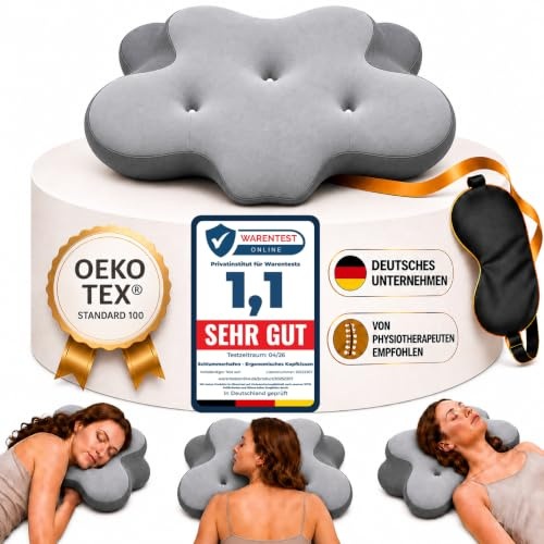Schlummerhafen® Ergonomisches Kopfkissen Memory Foam mit Schlafmaske, Schmetterlingskissen, orthopädisches Nackenkissen bei Nackenschmerzen, Schlafkissen fürs Bett, Kissen für Seitenschläfer