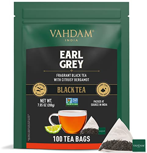 VAHDAM, Earl Grey Black Tea Bags (100 Count) Medium Caffeine, Non GMO, Gluten Free | Citrus Bergamot & Smooth | Resealable Ziplock Pouch | Plant Based Tea Bags