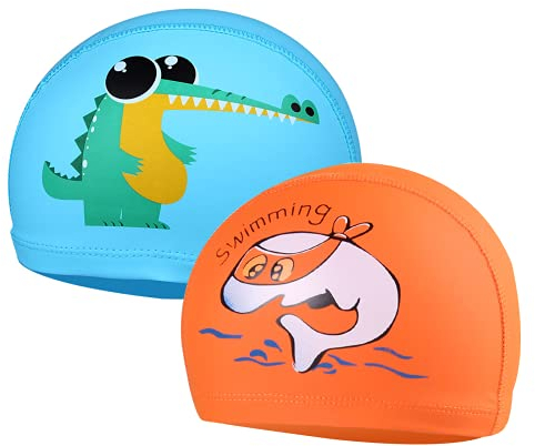 Bonnet de Bain Enfants x 2 - Bonnet Piscine Enfant, Bonnet Bain Enfants Garçons Filles pour 4-10 Ans (Bleu Clair1+Orange1)
