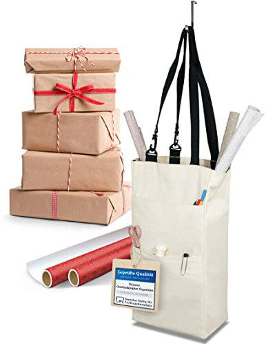 TRIXSTER® Geschenkpapier Organizer in beige mit Türhaken & Karabiner I Platzsparende und sichere Aufbewahrung von Geschenkpapier I Maße 90x25x15cm