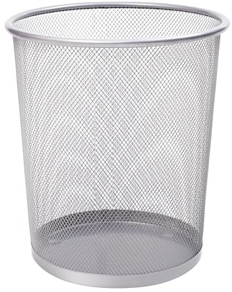 KEPLIN Cubo de basura redondo – 1 paquete de contenedores de malla antideslizante plateada | Papelera de papel | Cubo de basura de metal resistente para interiores para el hogar, dormitorio, oficina,