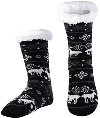 WOTENCE Chaussettes Chaussons Homme Hiver Chaudes Antidérapantes Chaussette Pantoufle Thermiques Polaire, Cadeau Noel Anniversaire (Black Deer)