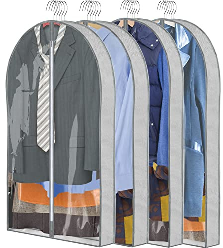 ZSURLUX Garment Bags for Clothes 60 x 100cm 4Pack, Moth Proof Clothes Covers with Zip, Hanging Storage Protector Bags for Wardrobe, Travel, Suitable for Suit, Coat, Jackets, Jumpers,etc. Grey