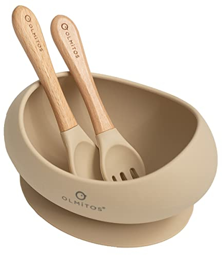 Olmitos - Vajilla de silicona 3 piezas resistente libre de BPA – con ventosas de 6 a 36 meses - Resistente y 100% seguro - de grado alimenticio (beige)