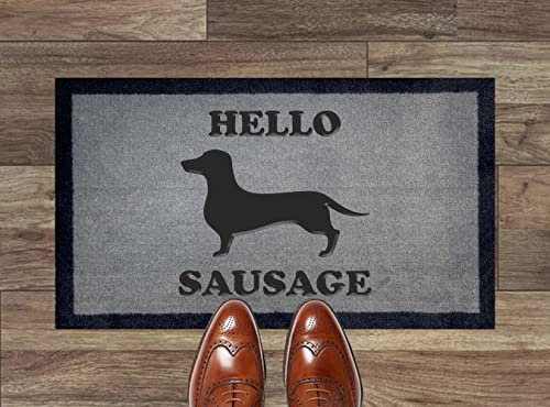 Artisan Kiss Grey Nylon Door Floor Mat Anti Slip Backing 70x40cm Gifts Presents Wedding Novelty (70 x 40 cm, Hello Sausage)