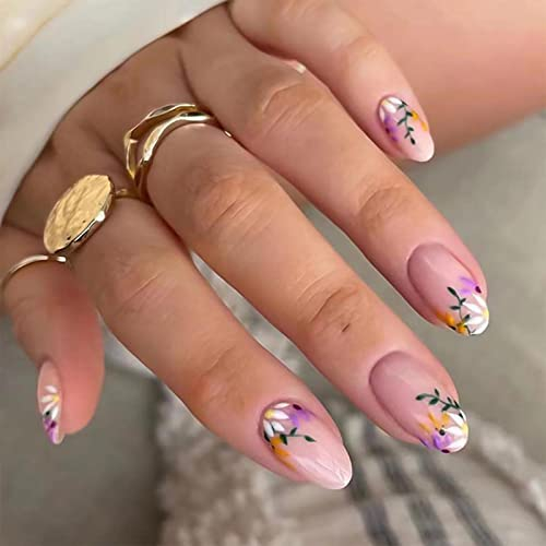 XIXKOLYU French Tip Press on Nails Medium Acrylic Nails with Flowers Design Almond Fake Nails Nude Nails for Women
