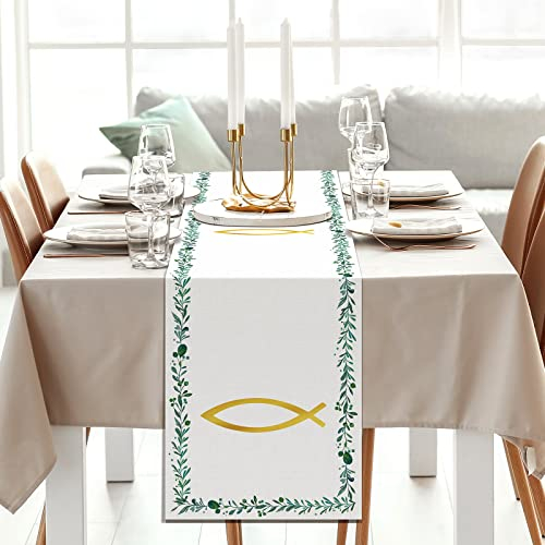 Fennoral 220x35cm Taufe Tischläufer, Kommunion Konfirmation Tischdeko, Fische Tischband mit Eukalyptus Blätter, Erstkommunion Babydusche Tischdecke für Junge und Mädchen Baby Shower Babyparty