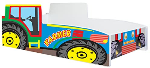 KOBI Kinderbett mit Rausfallschutz Bauernhof | Mehrfarbiger Traktor | 160 x 80 cm | Jugendbett mit Matratze | Kinderbetten Jungen Mädchen | Einzelbett Kinder Bett Autobett