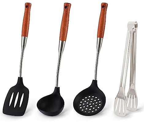 Silicone Wok Spatula and Ladle, Slotted Spoon, Kitchen Tongs, Ladle, Set of 4 Kitchen Utensils with Silicone and Stainless Steel Handle for Non-Stick Coating and Wok (Black)