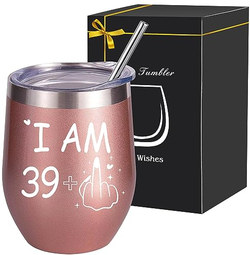 KKSJK 40. Geburtstags Weinbecher Edelstahl Frauen, 40. Geburtstagsgeschenke Wein Geschenk, 12oz Weingläser mit Deckel, Stroh und Strohhalmpinsel