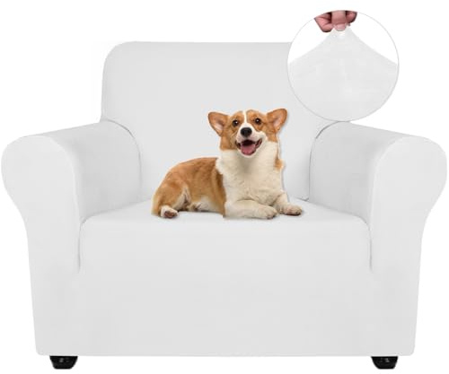 Ystyle Elastischer Samt Sofabezug 1 Sitzer, Weiß | Stretch Sofa Überzug, Sofaschoner Rutschfest, Couch Überzug, Sofa Cover mit Armlehnen, Sesselschoner Sofaschutz Katze