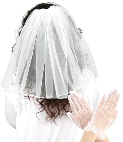 GUOYIHUA Brautschleier Spitzenhandschuhe, Braut Hochzeit Kurzer Tüllschleier und Tüllhandschuhe, Strass-Verzierungen Eleganter Brautschleier, für Junggesellinnenabschied Hochzeit Zubehör