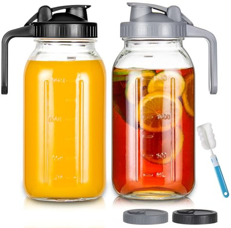 YEBODA 64oz Glass Pitcher with Lid, 2 Quart Mason Jar Pitcher with Pour Spout Lids, Wide Mouth Jar Leakproof Glass Jug, Heavy Duty Container for Water, Juice, Milk, Tea, Iced Coffee, and Drinks 2 Pack