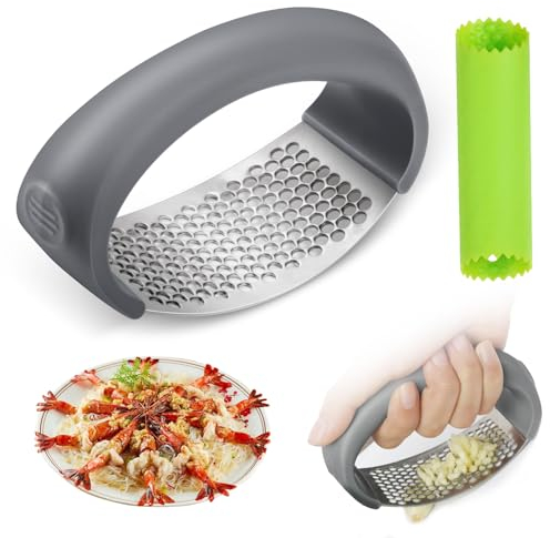 AMFUN Garlic Press Stainless, Steel Garlic Press, Steel Garlic Crusher, 304 Food Grade Stainless Steel Kitchen Garlic Rocker with Garlic Peeler for Utensils Kitchen Household