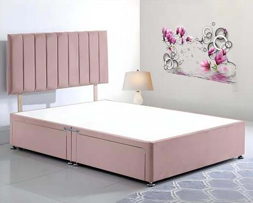 Ultimate Ease Pink Plush Divan Double Bed Base with Stylish 20 Vertical Line Headboard | Elegant Double Bed frame with 2 Spacious Storage Drawers | No Mattress Included