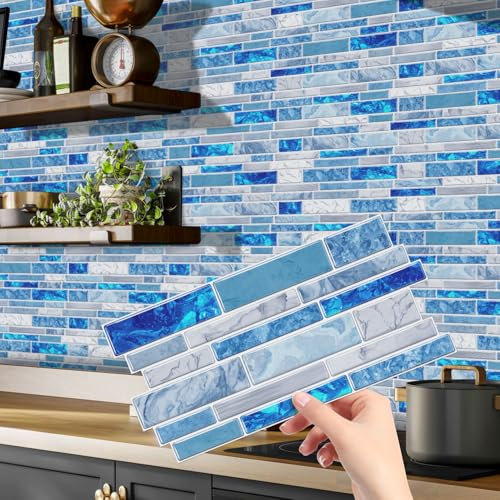Alwayspon 24Pcs White and Blue 3D Design Peel and Stick Tile Backsplash, Marble Design Vinyl Tile Sticker, Vinyl Flooring Self Adhesive Tile for Kitchen and Bathroom