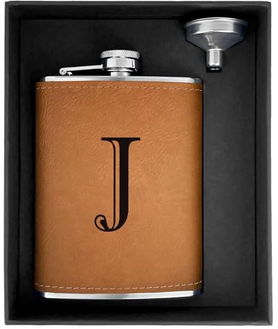 CARAKNOTS Hip Flasks for Liquor for Men Leather Drinking Whiskey Flask with Initials Engraved Stainless Steel with Funnel 8 OZ Groomsmen Gifts Personalized Christmas Birthday Gifts for Dad Letter J