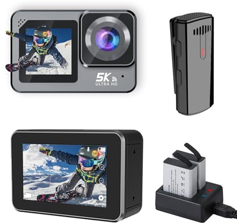 Xilecam 5K Action Cam mit Bildstabilisierung Dual-Bildschirm mit Touchscreen WiFi Fernbedienung und Drahtlosem Mikrophon Die Unterwasserkamera Wird mit Accessoires (V10Pro)