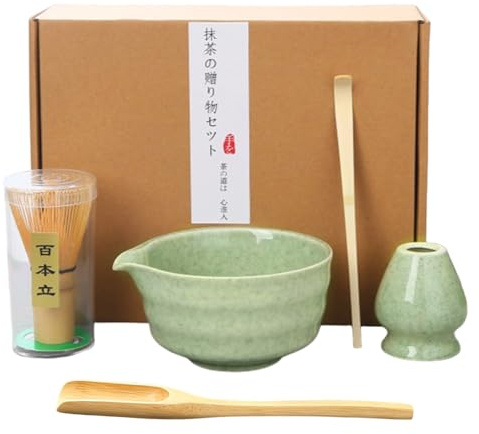 LIIGOU Matcha Tea Set 4PCS Japanese Matcha Kit with Bamboo Matcha Whisk Ceramic Matcha Bowl Scoop & Holder Traditional Japanese Tea Ceremony Matcha Gift Set for Beginners and Enthusiasts (Green)