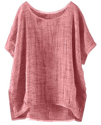 HOOUDO Damen Sommer Kurzarm Leinen Top Große Größen Shirt Oversize Rosa Quadratischer Ausschnitt Ballonärmel Oberteil Casual Basic Bluse