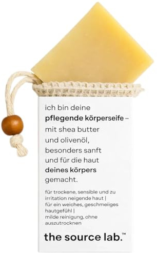 the source lab. Sanfte 2-in-1-Ganzkörperseife für empfindliche Haut, Reinigung und Pflege in einem Schritt, inkl. Peelingbeutel, 100 g