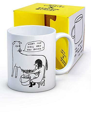 Brainbox Candy Official David Shrigley - Funny 11oz Coffee Mug - Gift Boxed Novelty Christmas Or Birthday Gift for Men and Women - What The Hell Art Design - Quality Stoneware